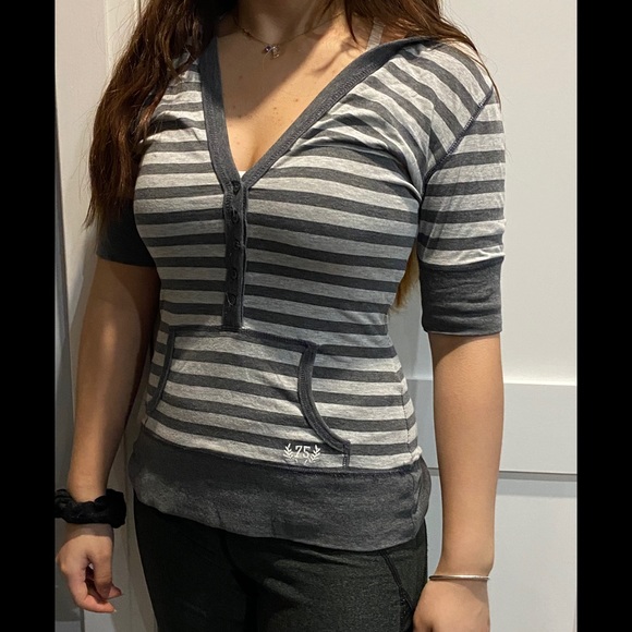 Striped grey button up shirt with a hood - Picture 2 of 4